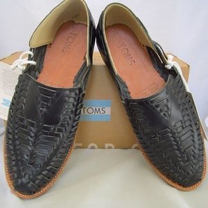Toms Black Leather Huarache Inspired Slip Ons